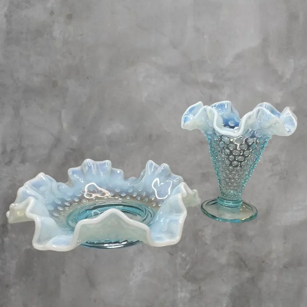 Vtg Fenton Opalescent Blue Hobnail 2-Piece Epergne Trumpet Flower Vase Pre 1970s